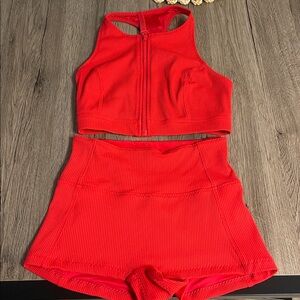 Fabletics Red Ribbed Zip-Front Bikini Top and High-Waist Shorts